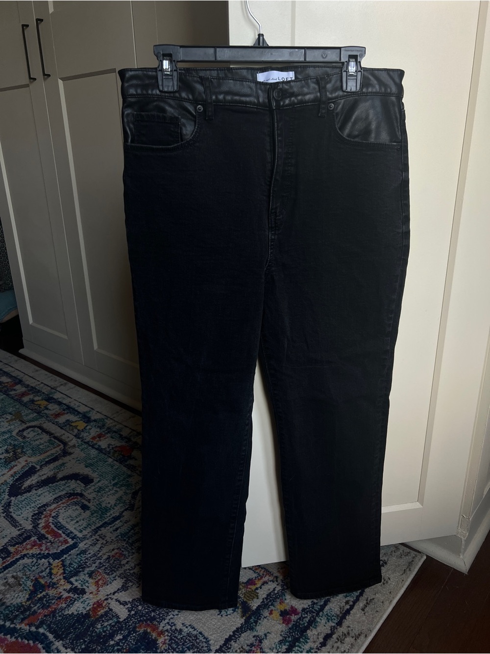 LOFT Mixed Media Black Straight Leg Jeans Faux Leather Trim - Size 30 / 10